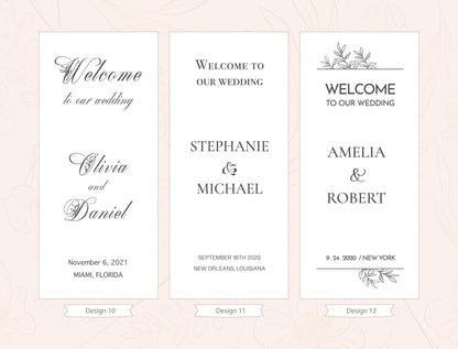 three identical banners with the same design and text, welcoming guests to a wedding.