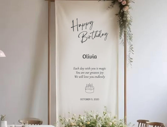 a banner with a birthday message for a person named Olivia. The banner has a white background with black text and a small illustration of a cake.