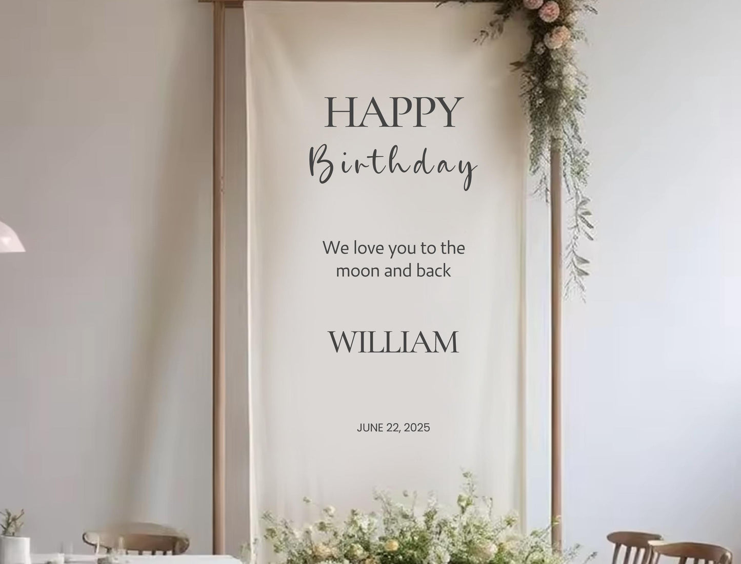 a banner with a birthday message for William, hanging on a wall. The banner reads &quot;Happy Birthday William&quot; and includes a personal message that says &quot;We love you to the moon and back&quot;. The banner also includes the date &quot;June 22, 2020&quot;.