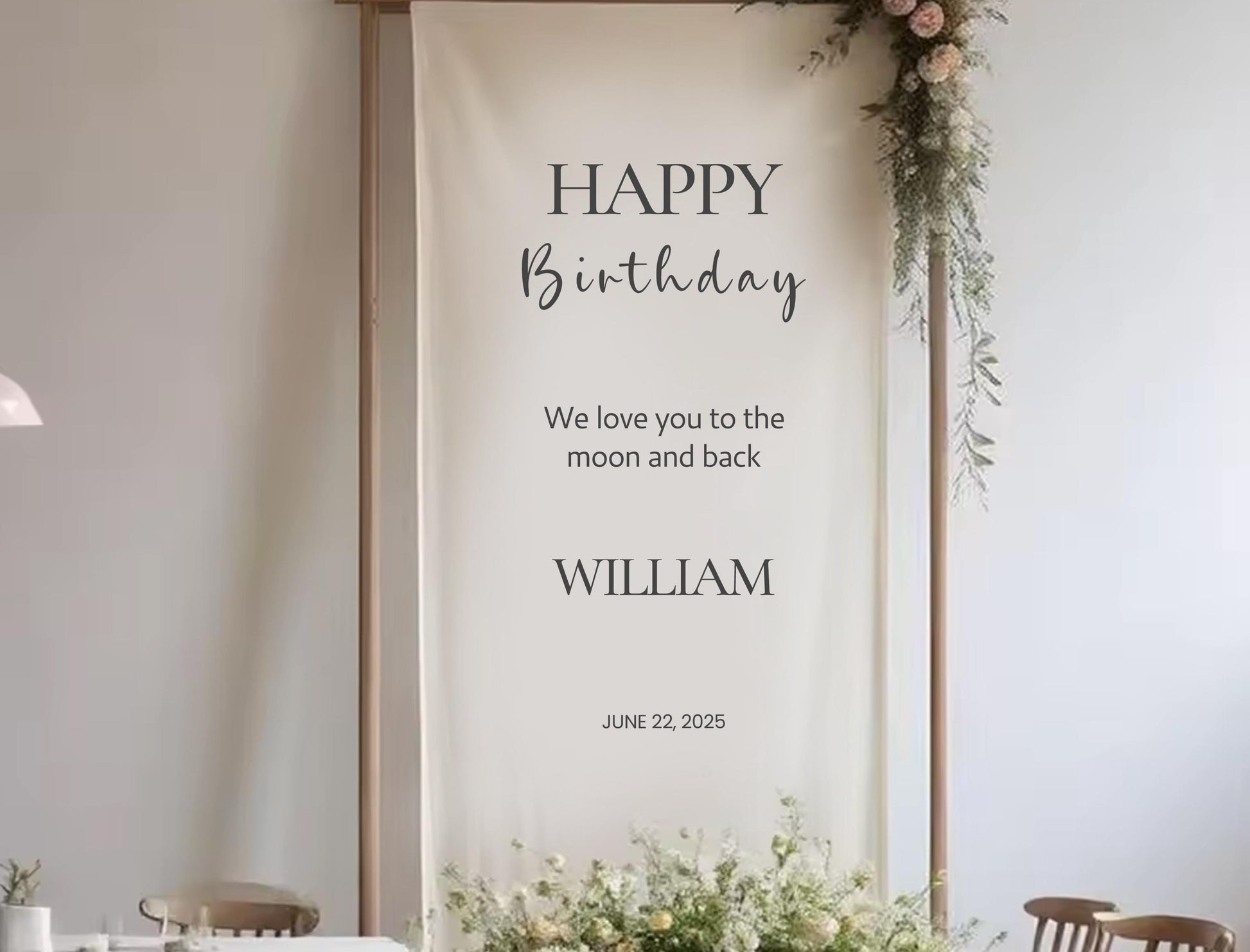a banner with a birthday message for William, hanging on a wall. The banner reads &quot;Happy Birthday William&quot; and includes a personal message that says &quot;We love you to the moon and back&quot;. The banner also includes the date &quot;June 22, 2020&quot;.