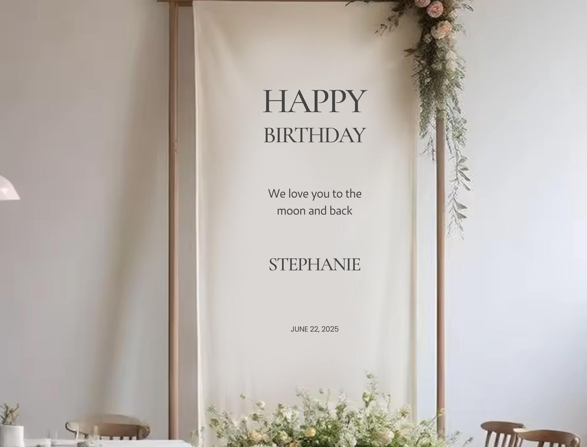 a banner with a message for Stephanie&#39;s birthday, hanging on a wall with floral decorations.
