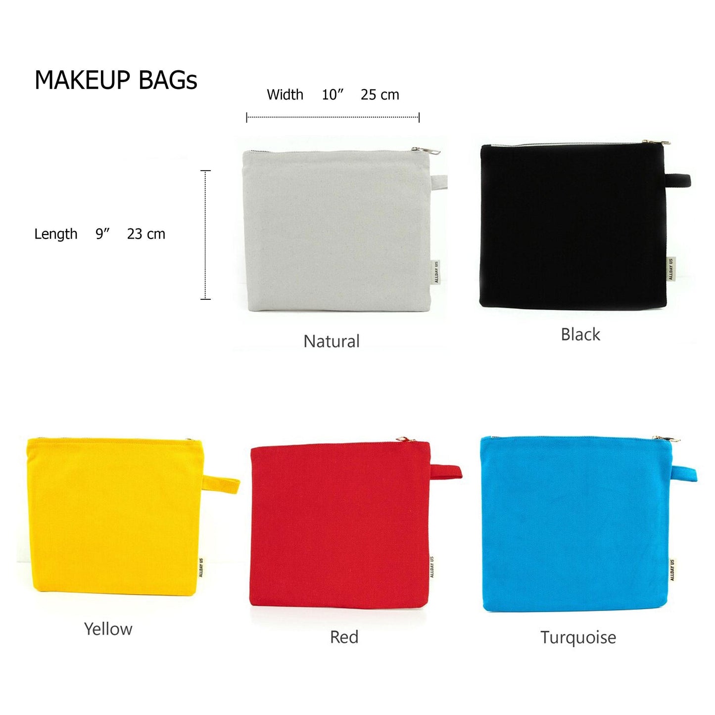 a collection of makeup bags in various colors, including yellow, red, and turquoise.