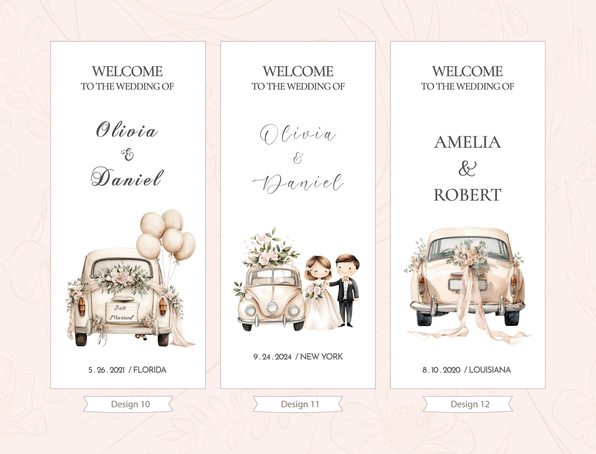 three vertical banners with wedding-related text and illustrations. The first banner welcomes guests to the wedding of Olivia & Daniel, the second banner welcomes guests to the wedding of Amelia & Robert, and the third banner welcomes guests to the wedding of Olivia & Daniel in New York. Each banner features a different illustration of a couple and a car, and includes the date and location of the wedding.