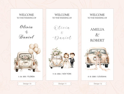 three vertical banners with wedding-related text and illustrations. The first banner welcomes guests to the wedding of Olivia & Daniel, the second banner welcomes guests to the wedding of Amelia & Robert, and the third banner welcomes guests to the wedding of Olivia & Daniel in New York. Each banner features a different illustration of a couple and a car, and includes the date and location of the wedding.