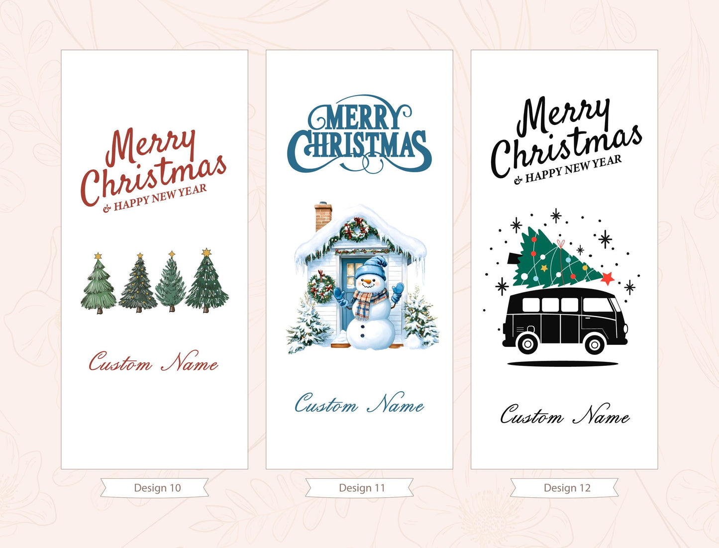 three different Christmas-themed banners with various illustrations and text. The banners are designed to be customizable with a &quot;Custom Name&quot; option, allowing users to personalize their design.