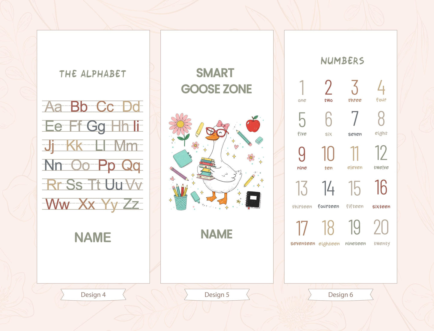 three separate sections: the alphabet section, the smart zone section, and the numbers section. Each section has a different design and layout, with the alphabet section featuring a list of letters, the smart zone section displaying a cartoon goose surrounded by educational items, and the numbers section showing a calendar with numbers and corresponding words.