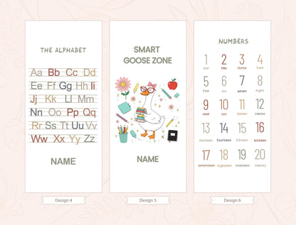 three separate sections: the alphabet section, the smart zone section, and the numbers section. Each section has a different design and layout, with the alphabet section featuring a list of letters, the smart zone section displaying a cartoon goose surrounded by educational items, and the numbers section showing a calendar with numbers and corresponding words.
