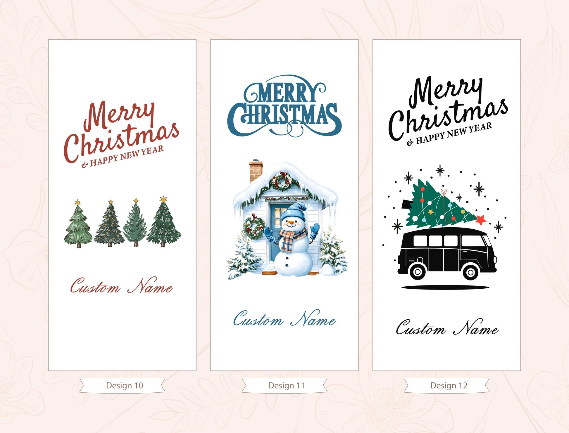 three different Christmas-themed banners with various illustrations and text. The banners are designed to be customizable with a &quot;Custom Name&quot; option, allowing users to personalize their design.