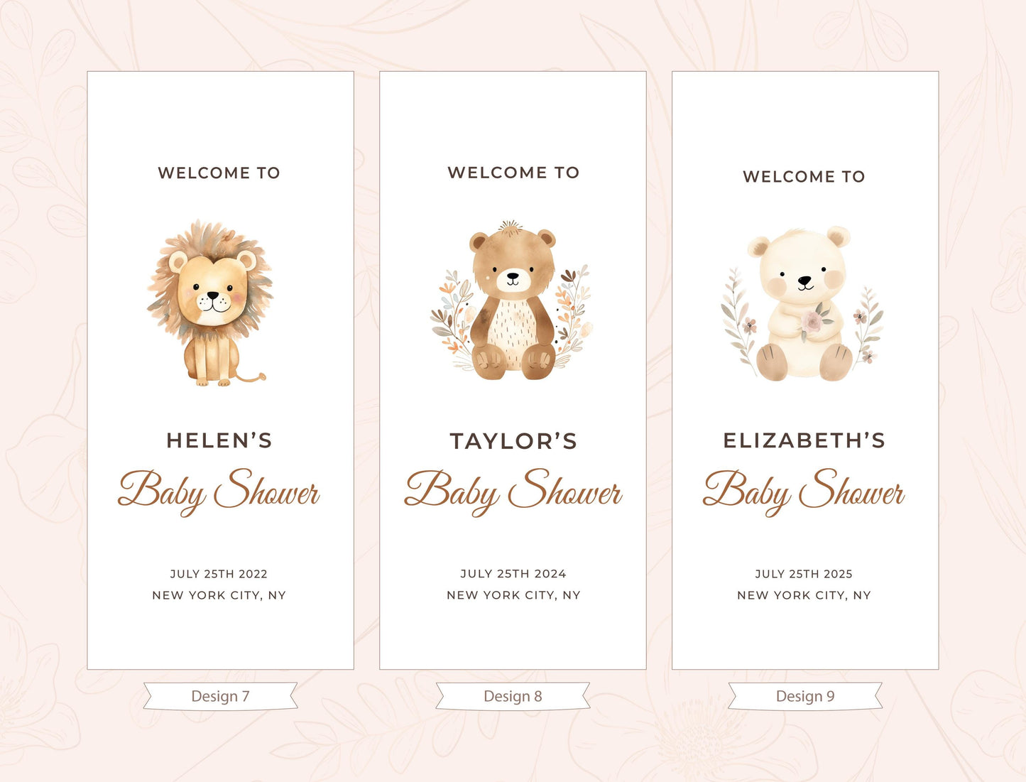 three identical banners with baby shower announcements. Each banner features a different animal, specifically a lion, a bear, and a bear cub, along with the names &quot;Helen&#39;s Baby Shower&quot; and &quot;Elizabeth&#39;s Baby Shower&quot;. The banners also include the dates and locations for each event.