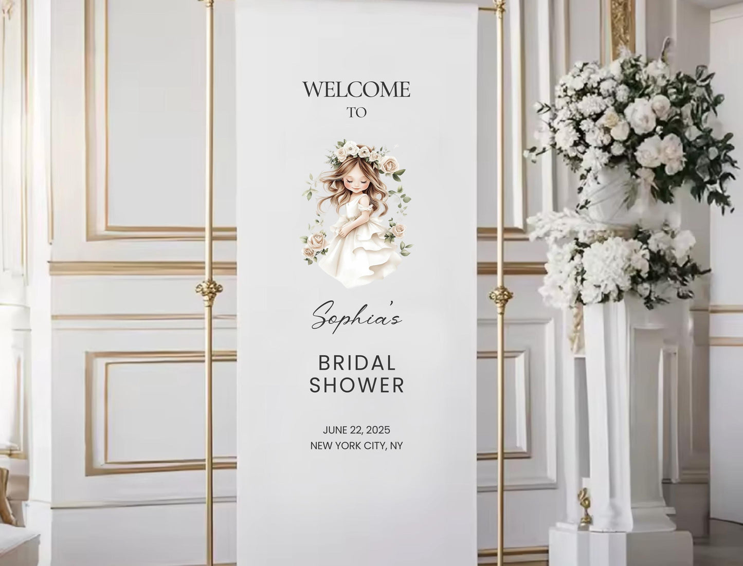 a banner with a floral design and text welcoming guests to a bridal shower.