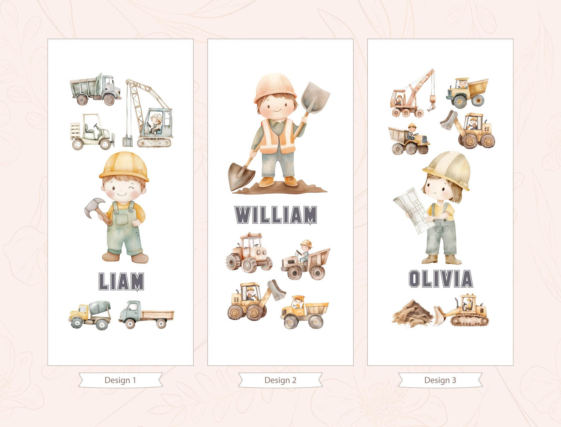 three separate panels, each featuring a cartoon character wearing a hard hat and holding various construction equipment, such as a crane, excavator, and dump truck. The character names &quot;WILLIAM&quot; and &quot;OLIVIA&quot; are displayed below each panel, indicating the character&#39;s name.