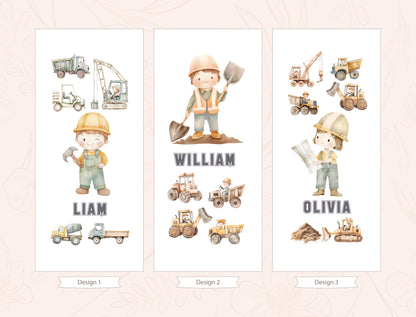 three separate panels, each featuring a cartoon character wearing a hard hat and holding various construction equipment, such as a crane, excavator, and dump truck. The character names &quot;WILLIAM&quot; and &quot;OLIVIA&quot; are displayed below each panel, indicating the character&#39;s name.