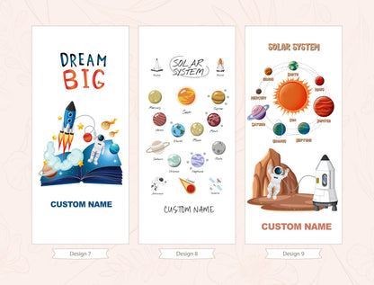 three banners with different designs related to space and astronomy. The first banner has a rocket ship and planets, the second banner has a solar system, and the third banner has a rocket ship and planets.