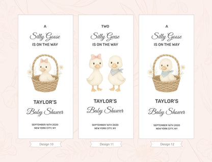 three identical banners with illustrations of baby ducks in baskets, along with text that reads &quot;A Silly Goose is on the way&quot; and &quot;A Silly Goose is on the way&quot;. The banners also display the names &quot;Taylor&#39;s Baby Shower&quot; and &quot;Taylor&#39;s Baby Shower&quot; along with dates and locations.