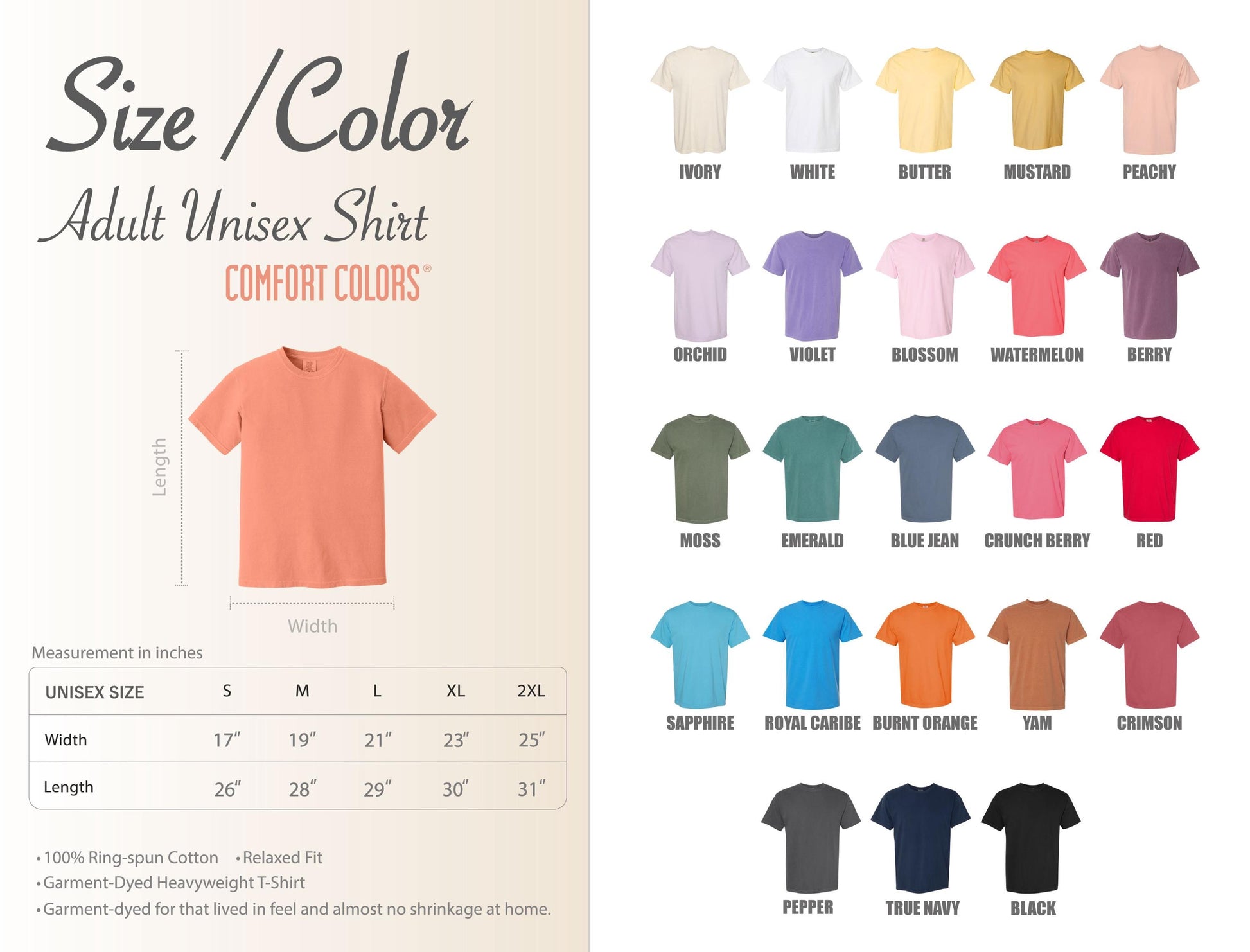 The image is a color swatch for an adult unisex shirt, featuring a variety of different colors and styles.