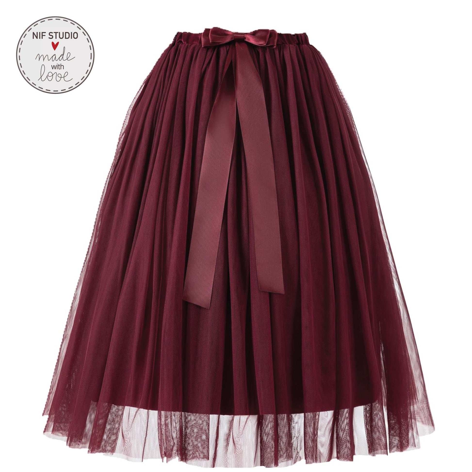 A burgundy tulle skirt with a bow detail, displayed against a white background.