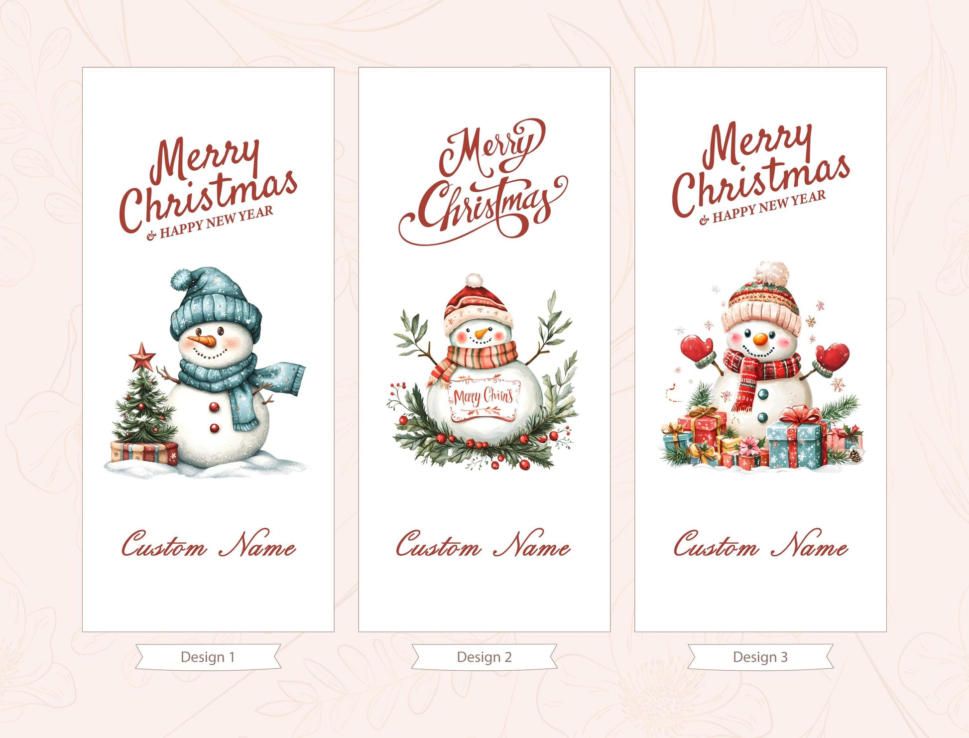 three Christmas-themed banners with snowmen and presents, each with a unique design and name.