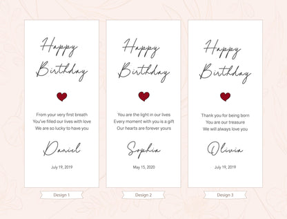 three birthday cards with personalized messages for the recipients. The cards are arranged in a row, each with a unique design and text. The cards are designed to be used as birthday greetings or gifts, expressing gratitude and affection for the birthday person.