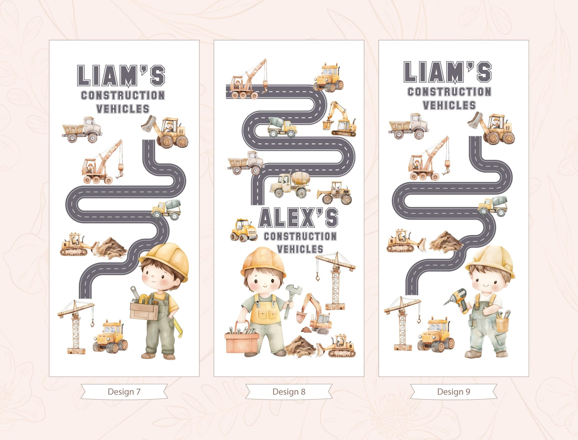 three banners with illustrations of construction vehicles and children wearing hard hats. The banners are labeled &quot;Liam&#39;s Construction Vehicles&quot; and &quot;Alex&#39;s Construction Vehicles&quot;.