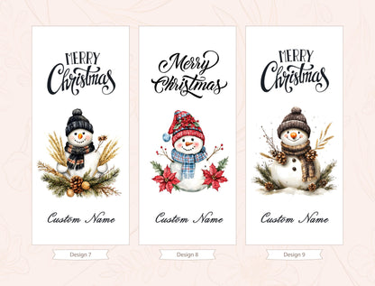 three snowman designs with different outfits and accessories, each with a unique name. The snowmen are surrounded by various holiday-themed elements such as pine cones, berries, and flowers. The text &quot;Merry Christmas&quot; is displayed above each snowman, indicating a festive holiday theme.