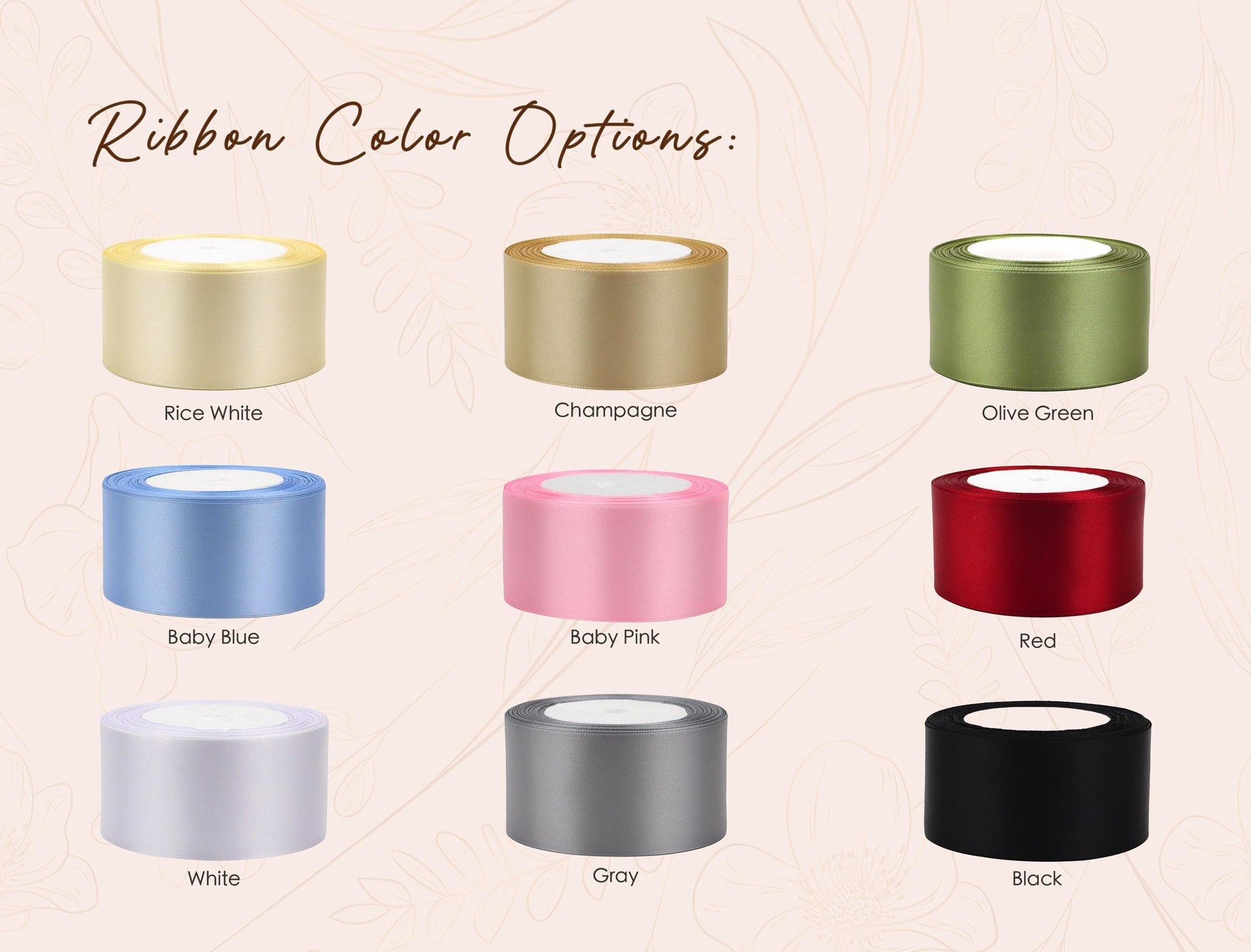 a collection of nine different colored ribbons, each with a unique color and label, arranged in a grid format.