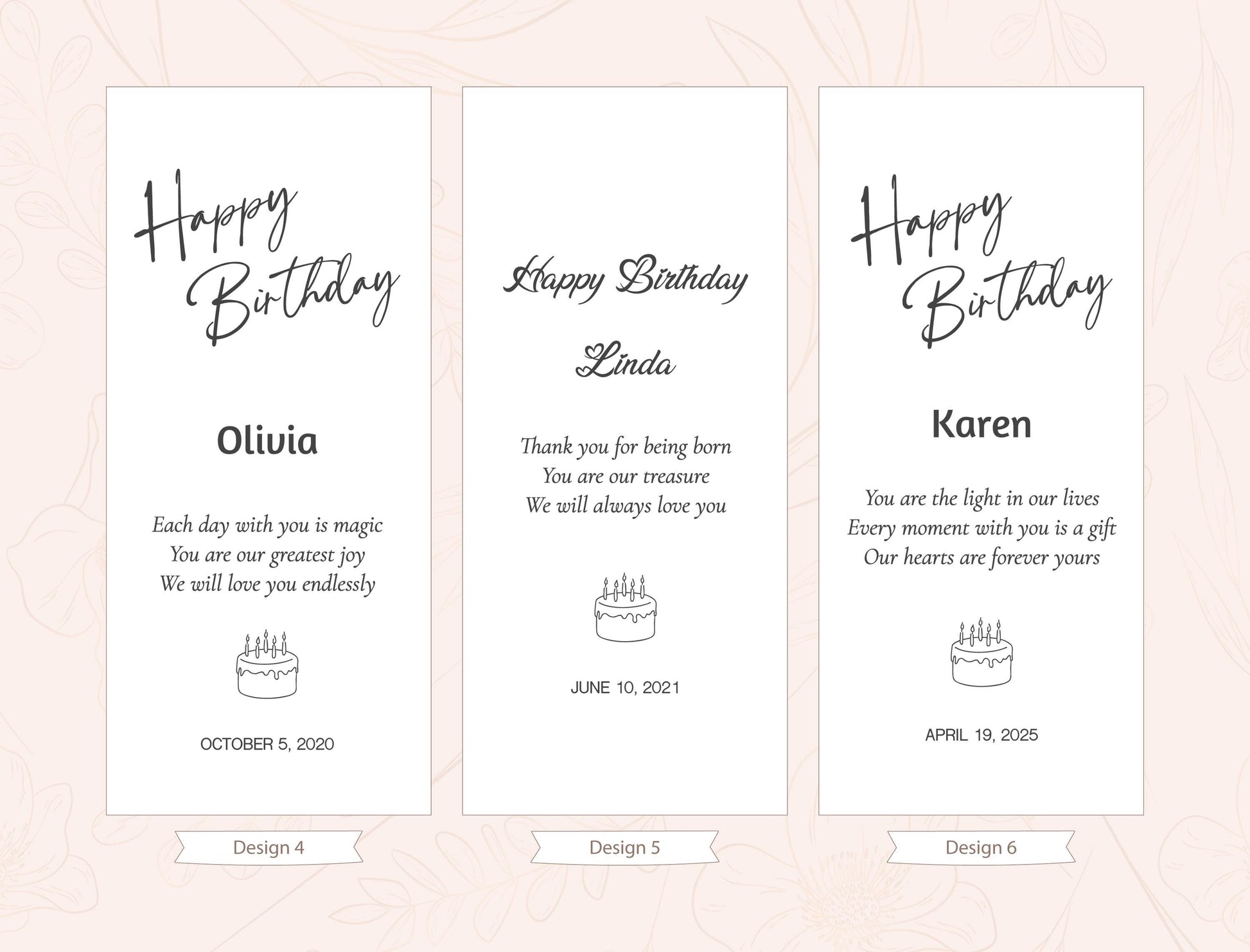 three birthday cards with personalized messages for different individuals. The cards are designed to be used as a birthday greeting or a gift.