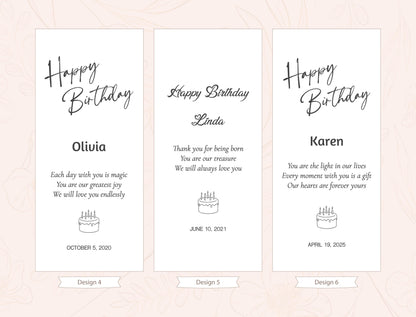 three birthday cards with personalized messages for different individuals. The cards are designed to be used as a birthday greeting or a gift.