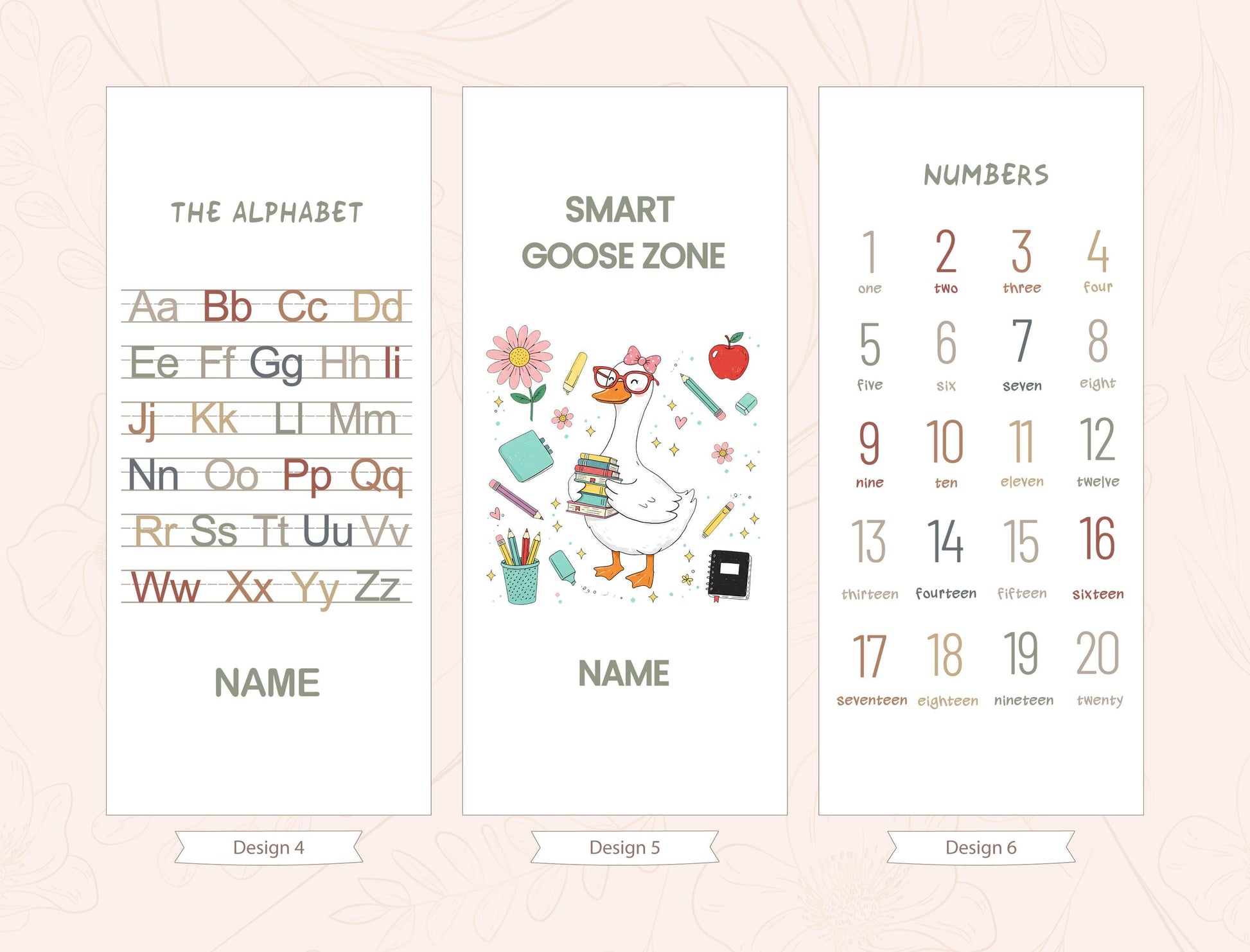 three separate sections: the alphabet section, the smart zone section, and the numbers section. Each section has a different design and layout, with the alphabet section featuring a list of letters, the smart zone section displaying a cartoon goose surrounded by educational items, and the numbers section showing a calendar with numbers and corresponding words.