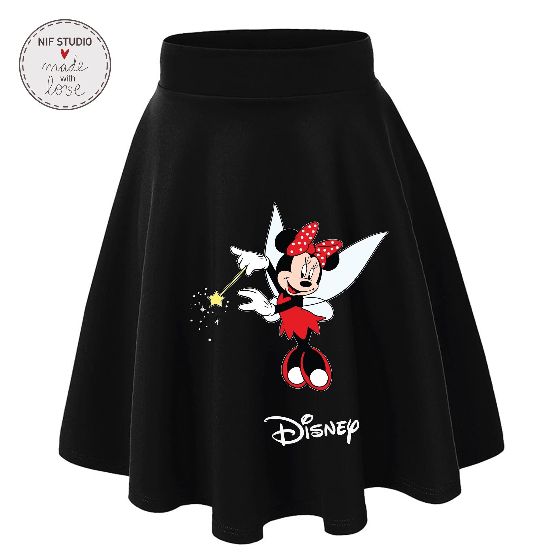 A black skirt with a Minnie Mouse design and the Disney logo printed on it.