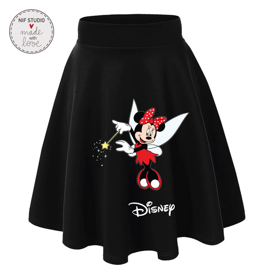 A black skirt with a Minnie Mouse design and the Disney logo printed on it.