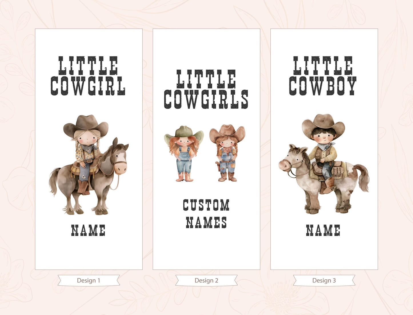 three banners with illustrations of children dressed in cowboy outfits, along with the text &quot;Little COWGIRL&quot; and &quot;Little COWBOY&quot; on each banner.