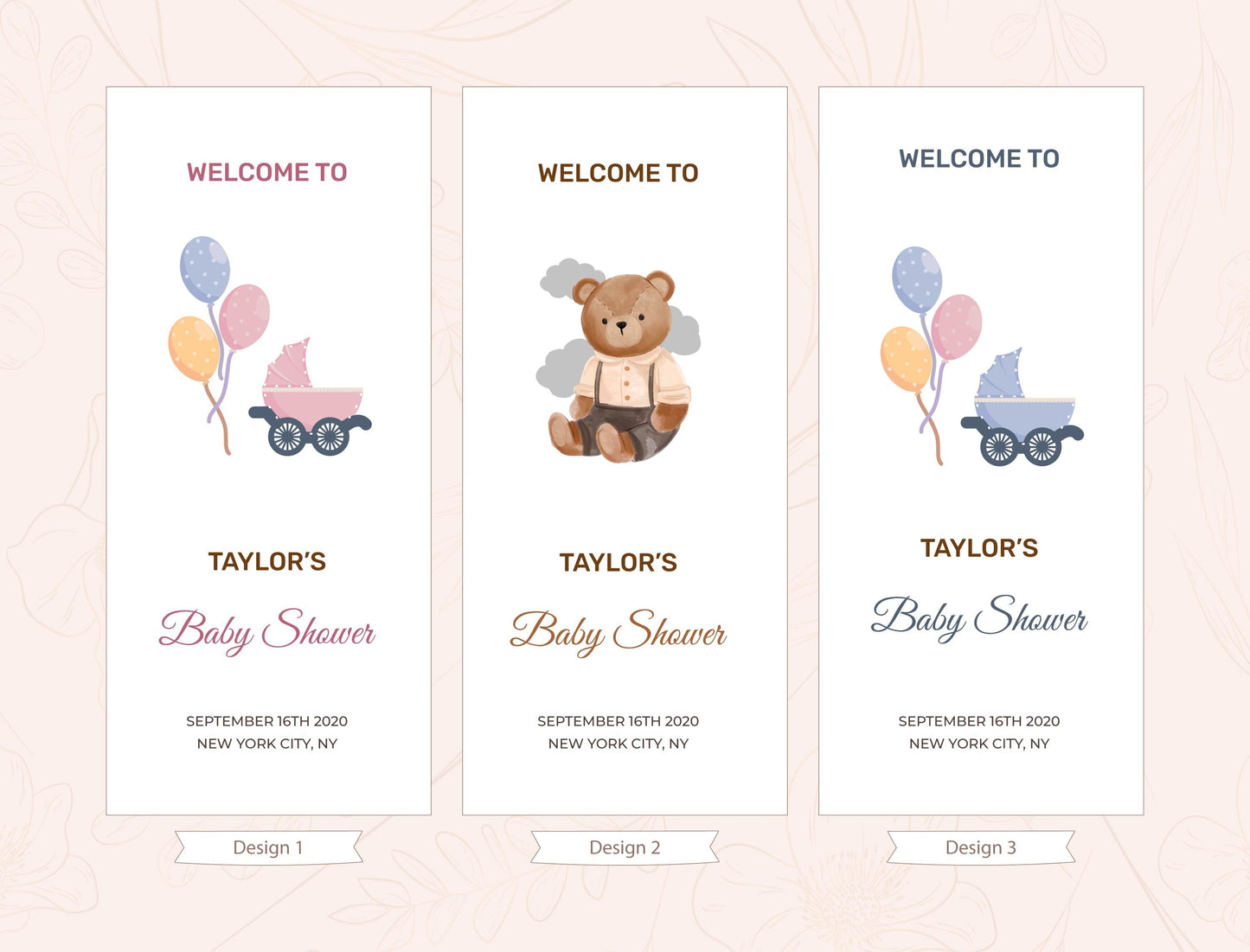 three welcome cards with illustrations of a teddy bear, balloons, and a baby carriage. The cards are designed to welcome guests to a baby shower.