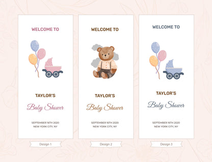 three welcome cards with illustrations of a teddy bear, balloons, and a baby carriage. The cards are designed to welcome guests to a baby shower.