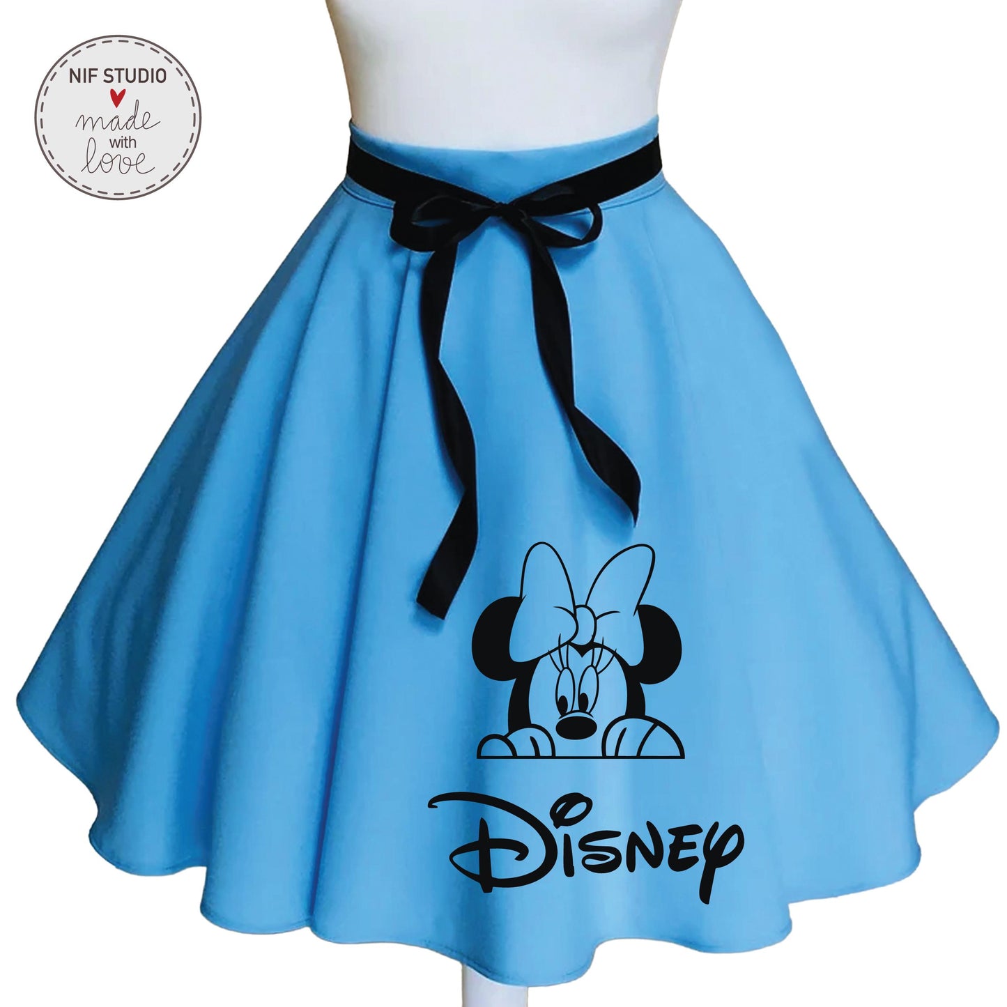 A blue, full-skirted dress with a black bow and the Disney Minnie Mouse logo printed on it.