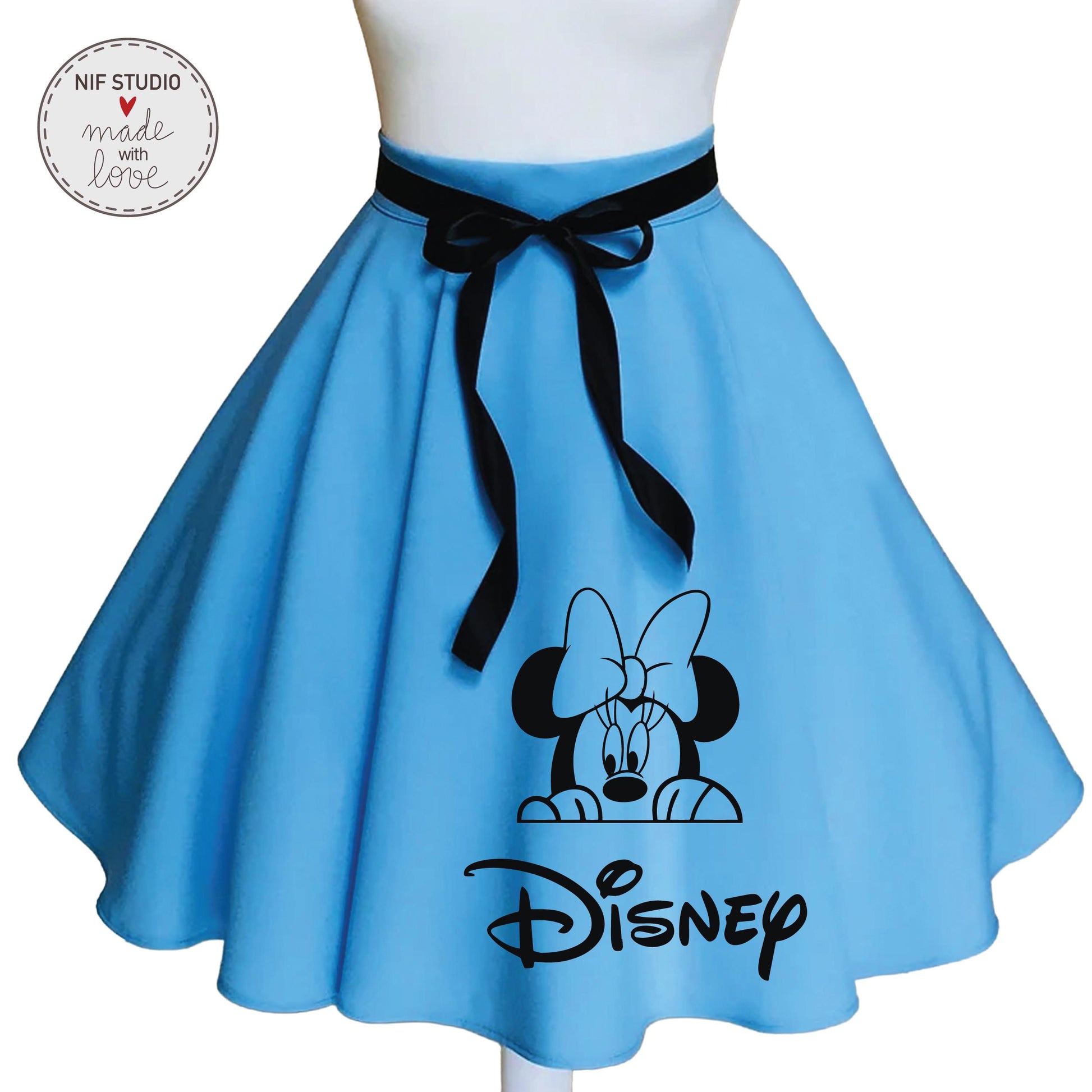 A blue, full-skirted dress with a black bow and the Disney Minnie Mouse logo printed on it.