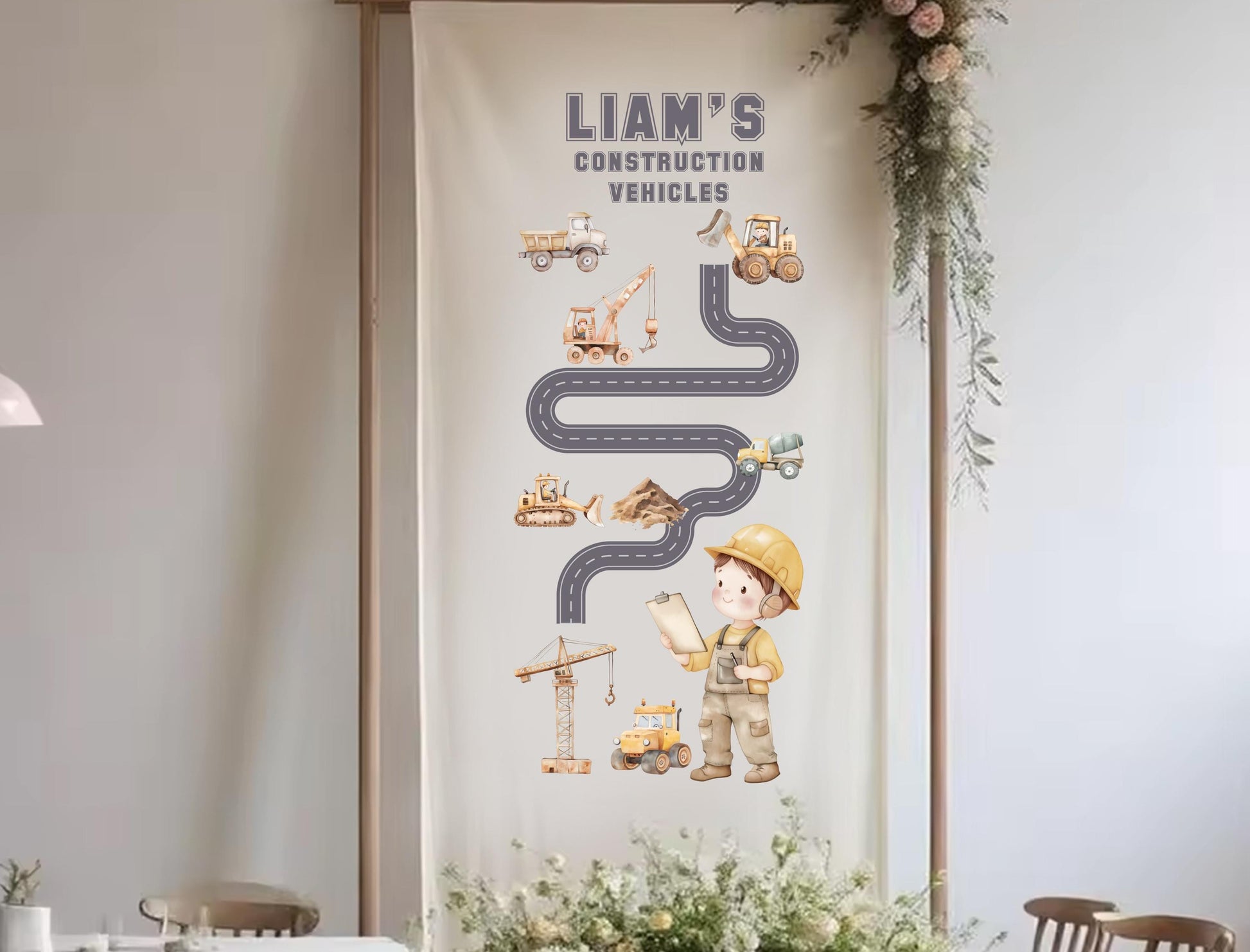 The image is a banner featuring a cartoon construction worker and various construction vehicles, such as cranes and bulldozers, along with a road map.