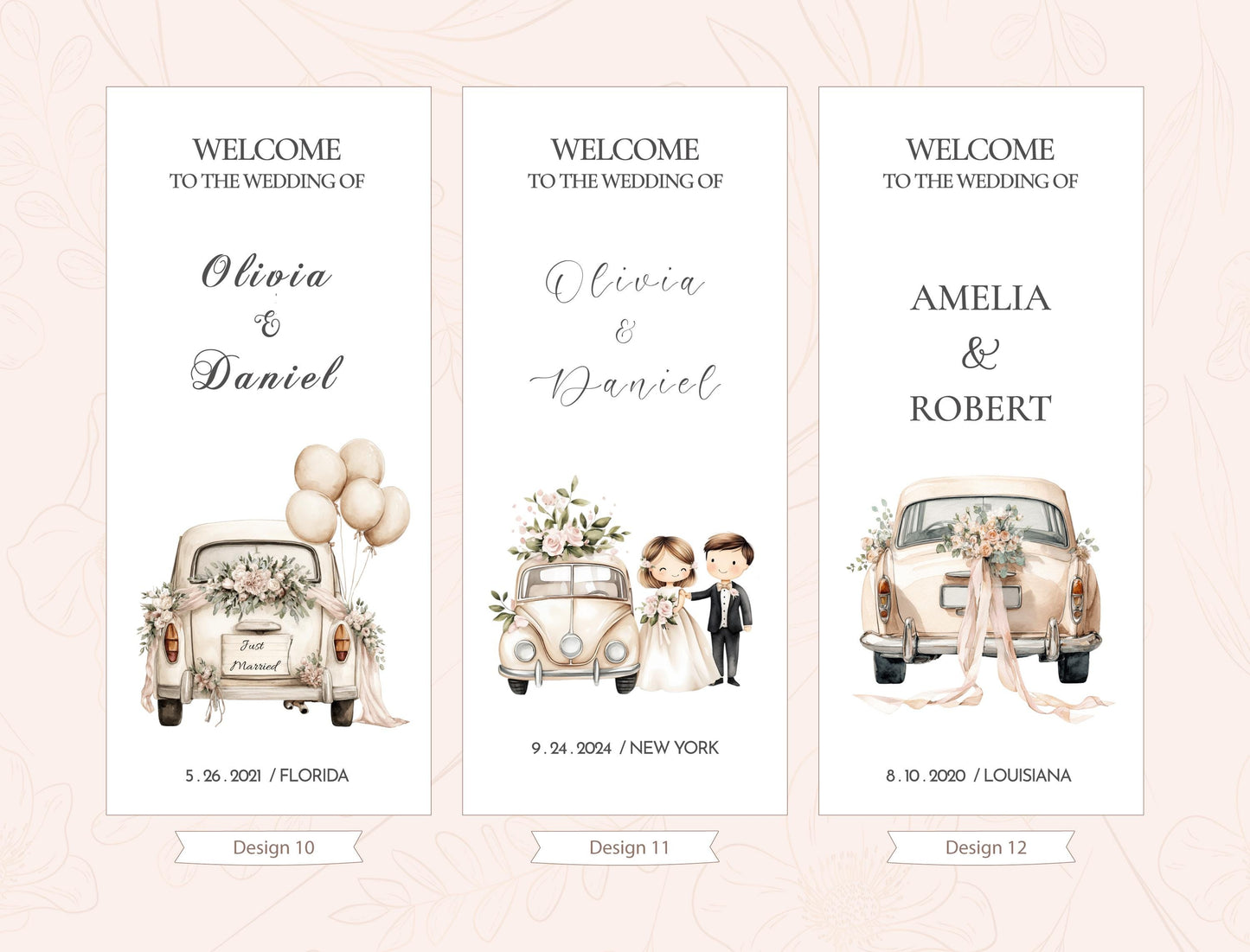 three vertical banners with wedding-related text and illustrations. The first banner welcomes guests to the wedding of Olivia & Daniel, the second banner welcomes guests to the wedding of Amelia & Robert, and the third banner welcomes guests to the wedding of Olivia & Daniel in New York. Each banner features a different illustration of a couple and a car, and includes the date and location of the wedding.