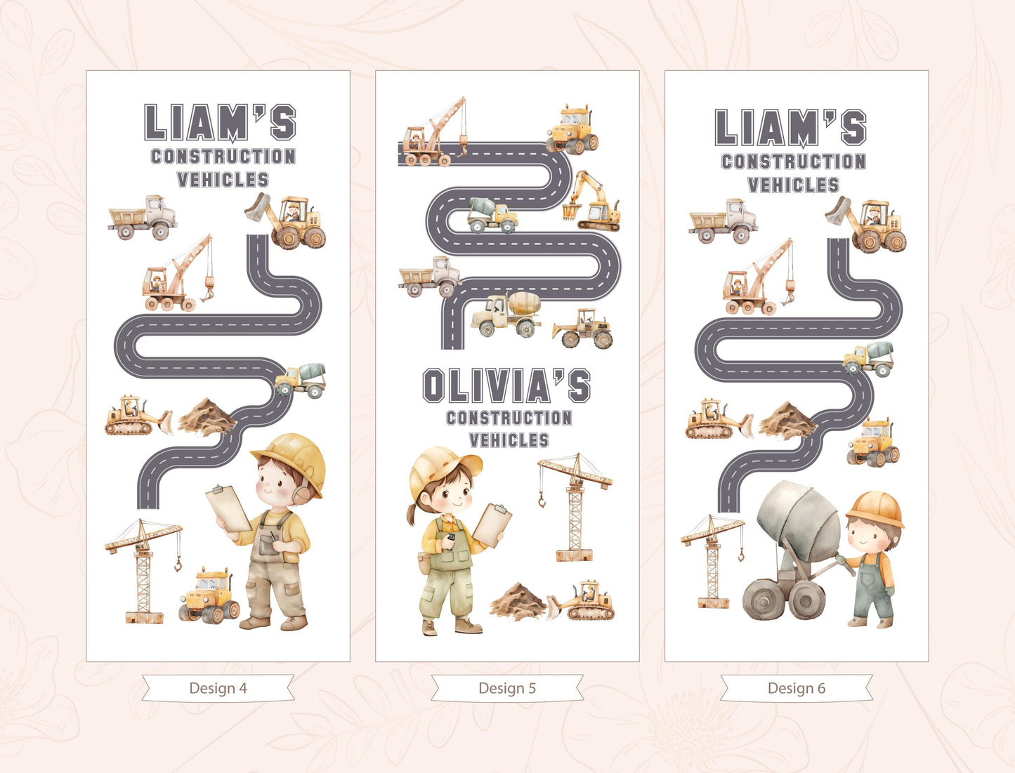 three banners with illustrations of construction vehicles and workers, along with the names &quot;Liam&#39;s Construction Vehicles&quot; and &quot;Olivia&#39;s Construction Vehicles&quot;.