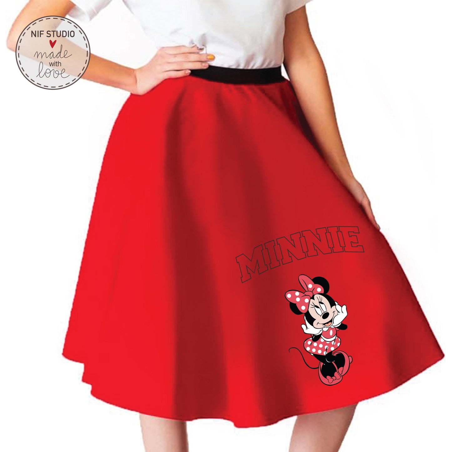 A woman wearing a red skirt with a Minnie Mouse printed on it.