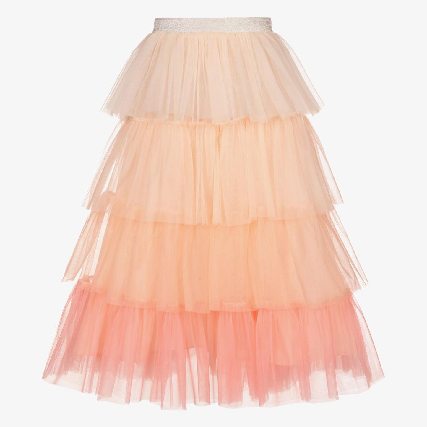 A three-tiered tulle skirt in a light peach color.