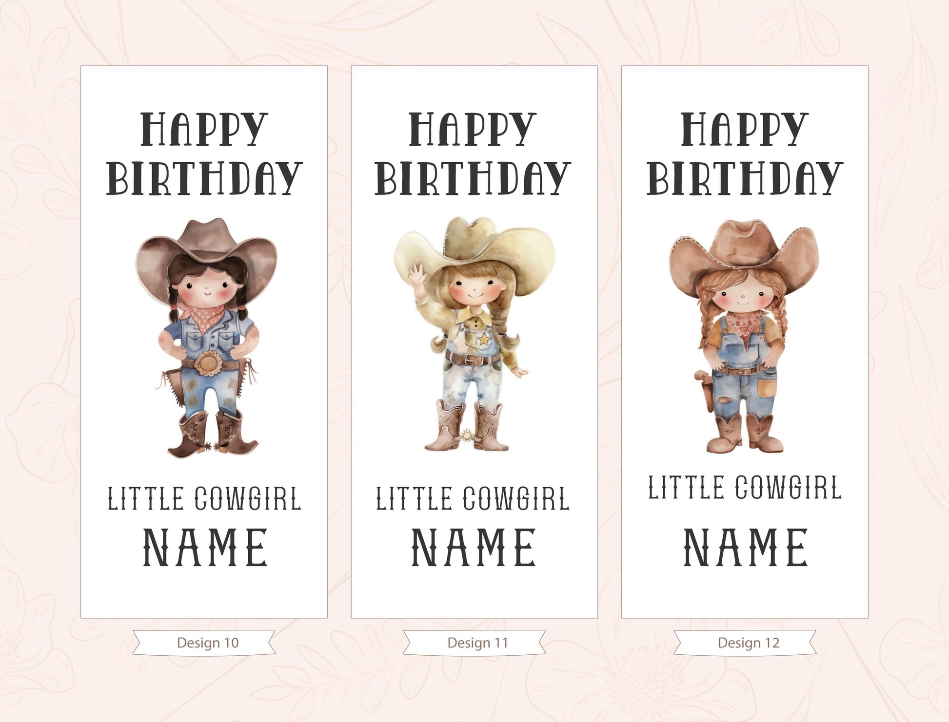 three birthday cards with cartoon cowgirl characters. Each card has a happy birthday message and a name for the birthday girl.