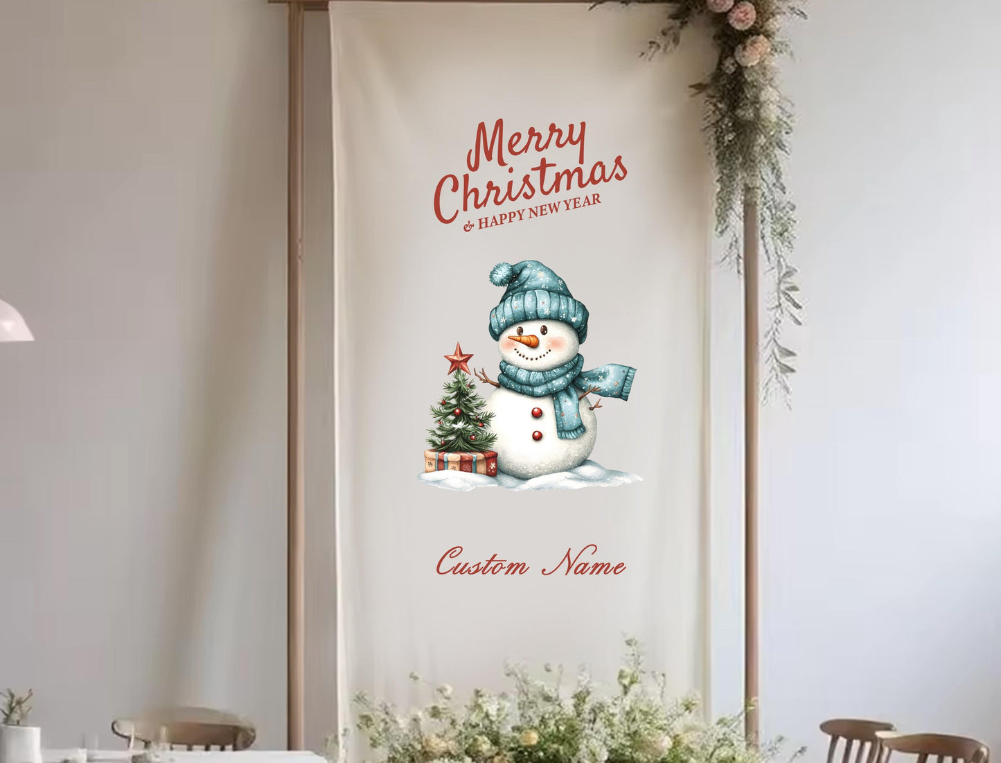 A banner with a snowman and Christmas decorations hanging on a wall.