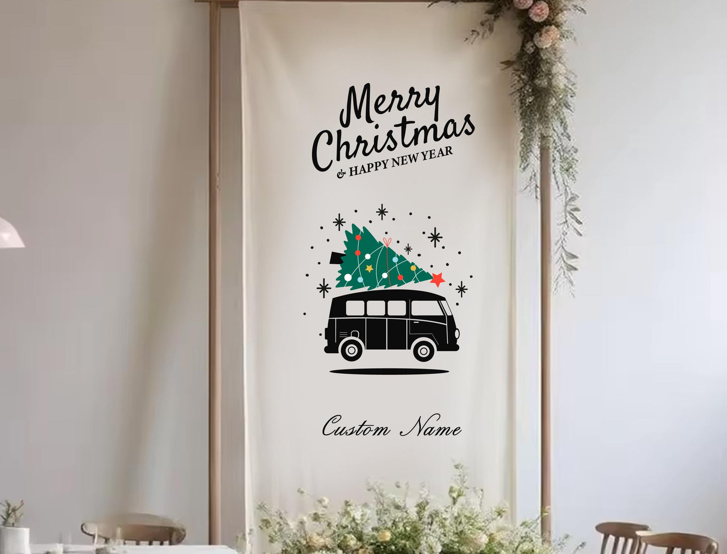 A banner with a Christmas tree and a van, along with the text &quot;Merry Christmas & Happy New Year&quot; and &quot;Custom Name&quot; printed on it.