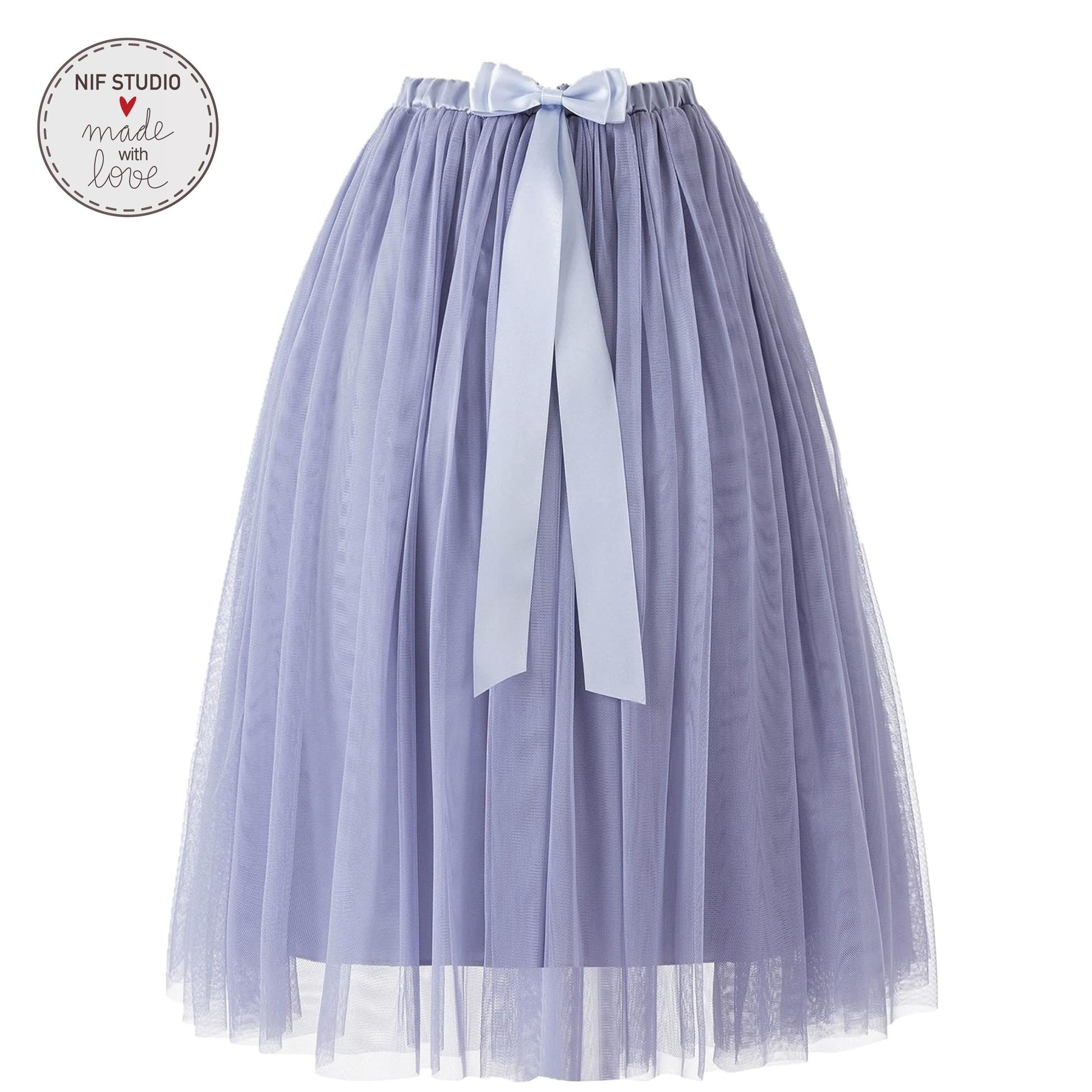 A light purple tulle skirt with a white ribbon tied into a bow at the waist.