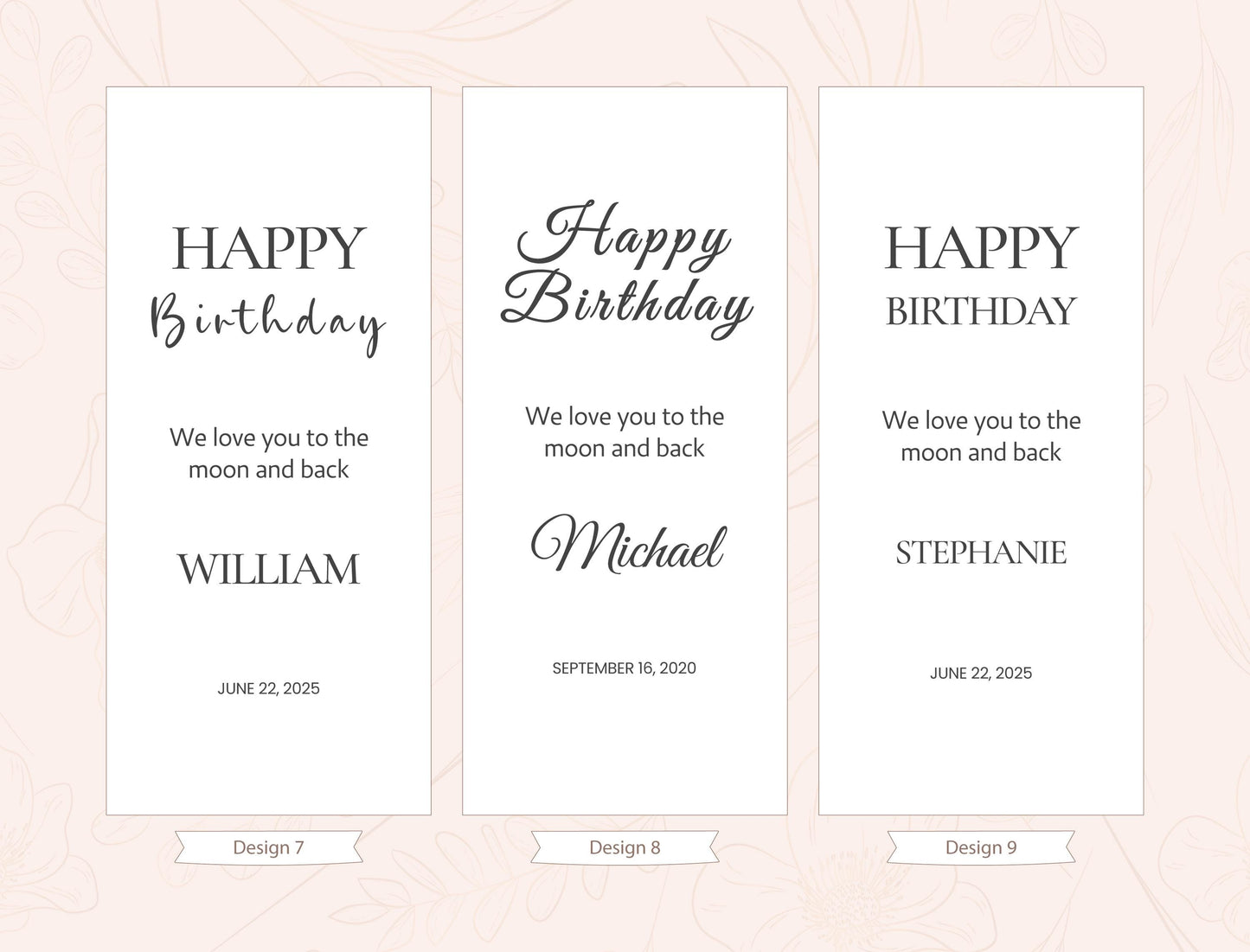 three birthday cards with personalized messages for William, Michael, and Stephanie. The cards are arranged in a row, and each card has a unique design and message.