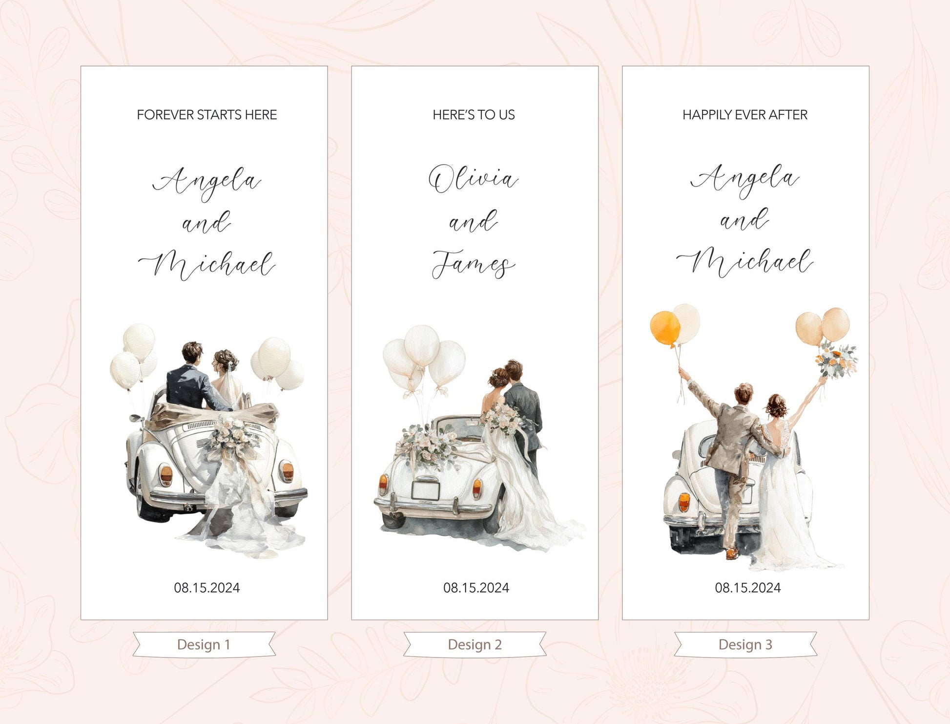 three vertical banners with illustrations of a couple in wedding attire, each with a different car and balloons. The banners are arranged in a row, and the text on them reads &quot;Forever starts here&quot;, &quot;Here to us&quot;, and &quot;Happily ever after&quot;. The banners also display the dates &quot;08.15.2024&quot; and &quot;08.15.2024&quot; at the bottom, indicating that these are design elements for a wedding invitation or event.