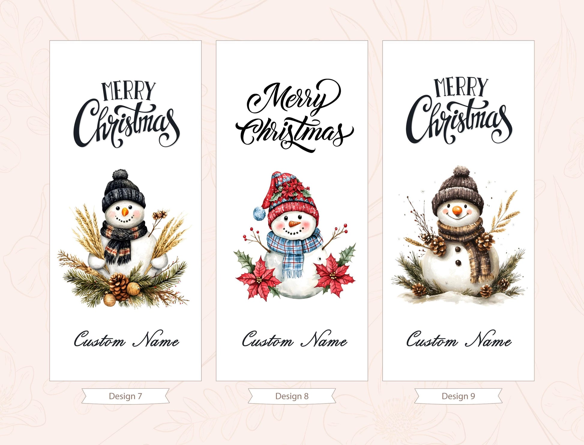 three snowman designs with different outfits and accessories, each with a unique name. The snowmen are surrounded by various holiday-themed elements such as pine cones, berries, and flowers. The text &quot;Merry Christmas&quot; is displayed above each snowman, indicating a festive holiday theme.