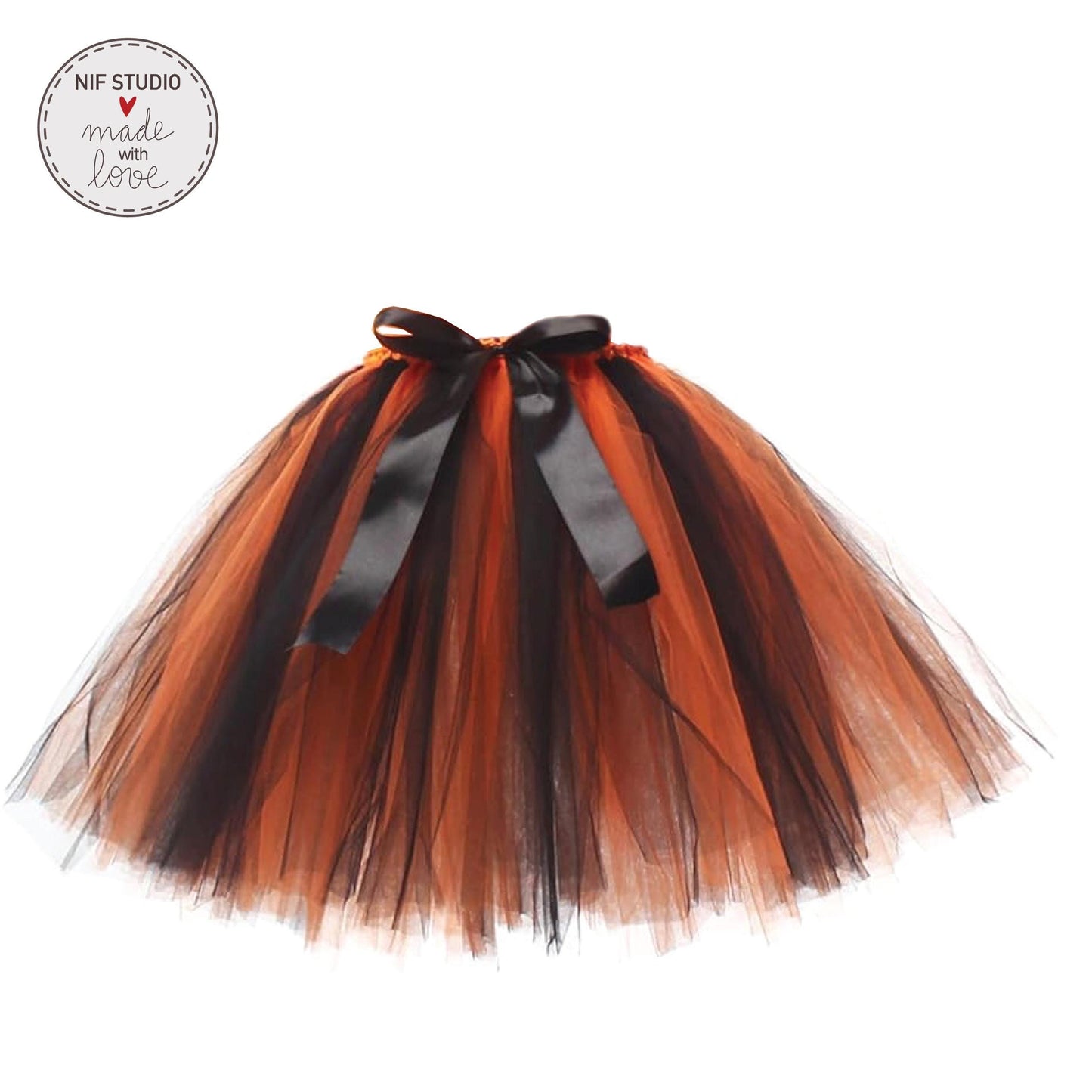 A black and orange tulle skirt with a black ribbon tied into a bow.