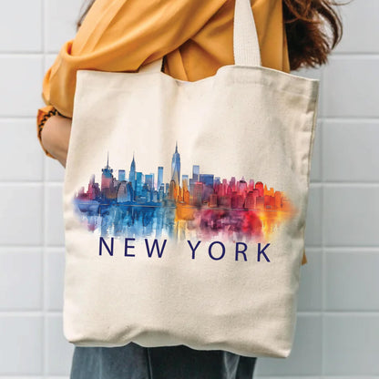 Watercolor Cityscape Tote - Durable Cotton Canvas Shopper Bag With Zipper