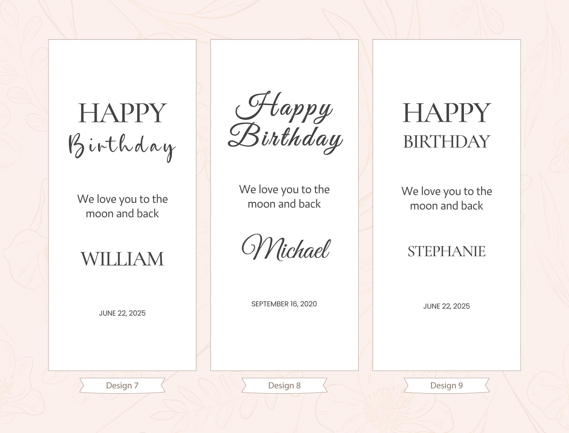 three birthday cards with personalized messages for William, Michael, and Stephanie. The cards are arranged in a row, and each card has a unique design and message.